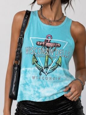 Authentic Classic Tank Top Womens Size Small Blue Wisconsin Dells Graphic Cotton
